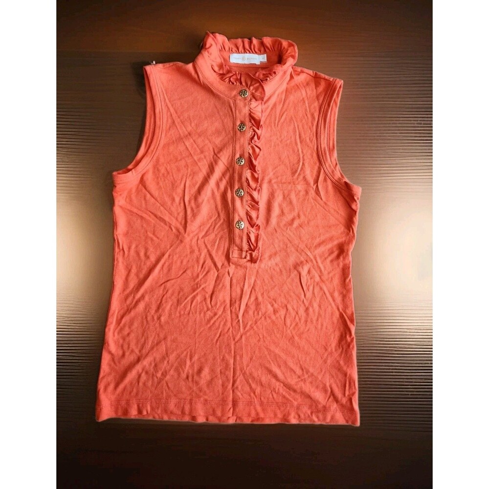 Tory Burch Orange Long Ruffle Polo Gold Logo Buttons Fitted Womens Sz Sp